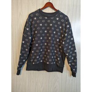 Champion Sweater Adult XL Black Reverse Weave All Over Graphic Print Logo Men